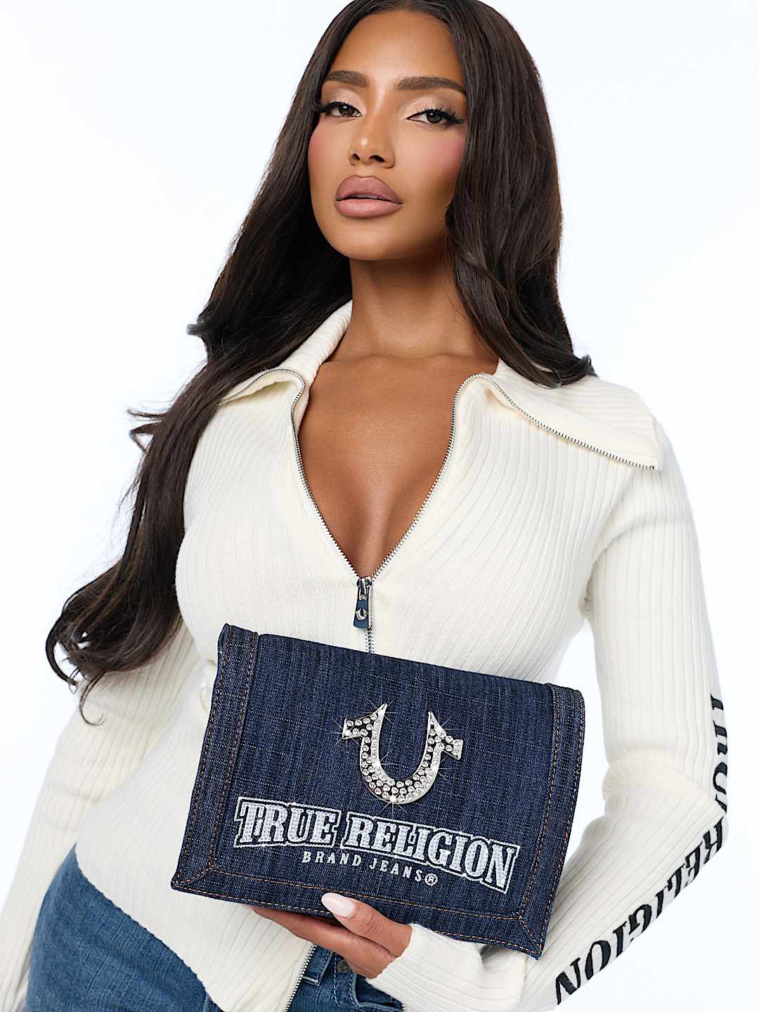 BLING HORSESHOE DENIM MESSENGER BAG