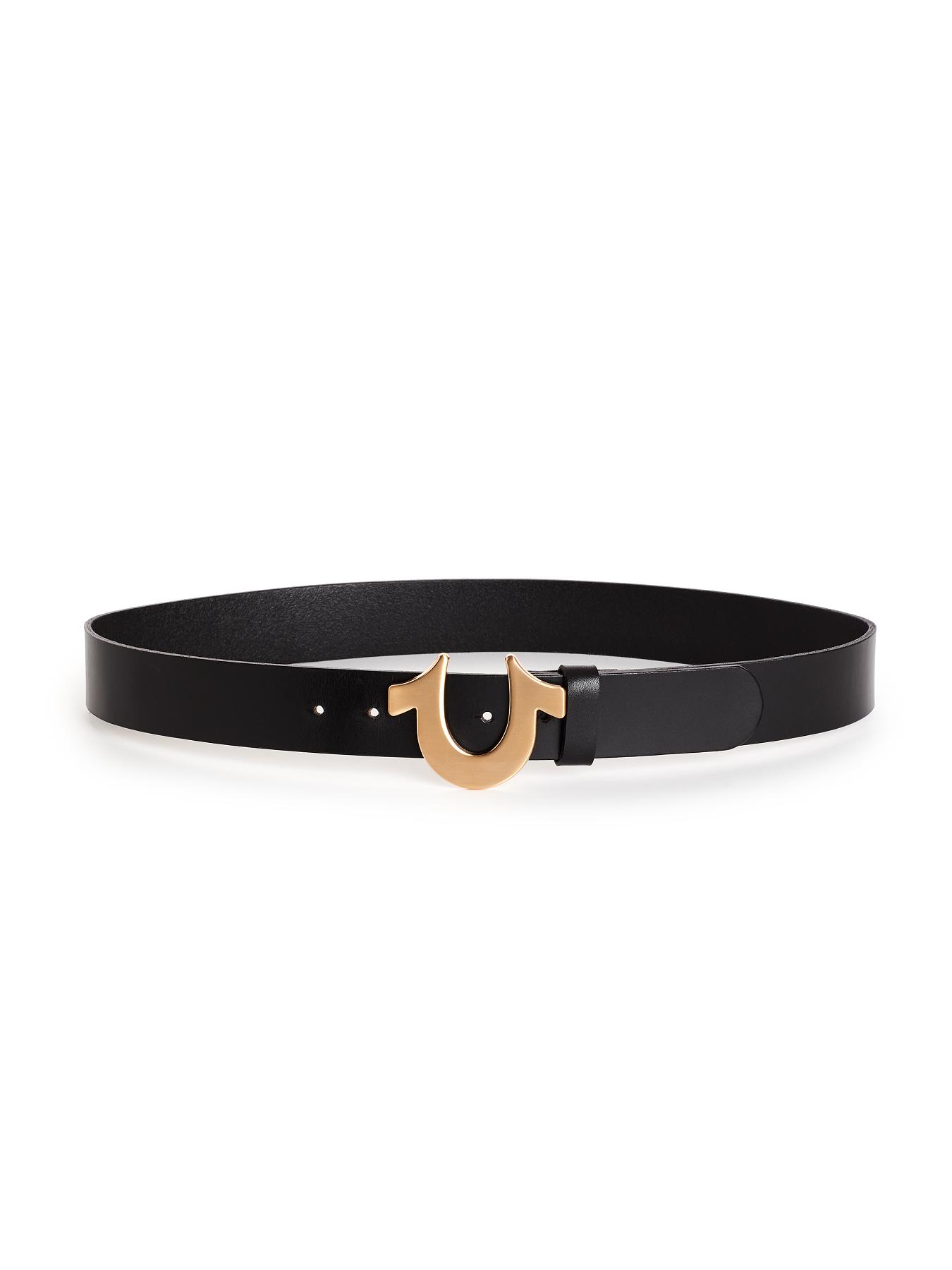 Black leather slim horse shoe buckle belt