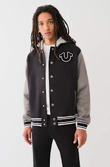FLEECE HOODED VARSITY JACKET, image 1