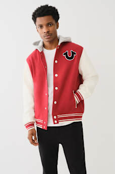 FLEECE HOODED VARSITY JACKET, image 1