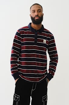 VELVET STRIPED LONG SLEEVE POLO SHIRT, image 1