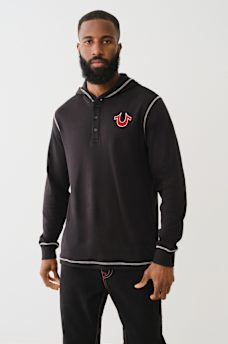 FLOCKED LOGO HOODED HENLEY TEE, image 2