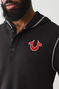 FLOCKED LOGO HOODED HENLEY TEE, image 3
