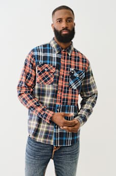 PLAID PATCHWORK LONG SLEEVE FLANNEL SHIRT