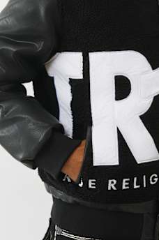 LOGO FAUX LEATHER SHERPA BOMBER JACKET, image 4