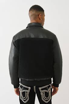 LOGO FAUX LEATHER SHERPA BOMBER JACKET, image 5