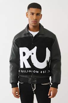 LOGO FAUX LEATHER SHERPA BOMBER JACKET, image 1