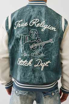 DENIM PRINT RETRO VARSITY JACKET, image 5