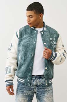 DENIM PRINT RETRO VARSITY JACKET, image 7