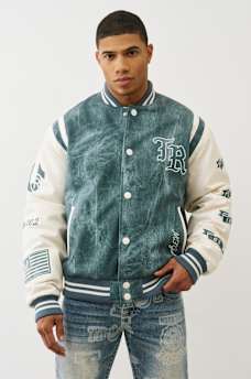 DENIM PRINT RETRO VARSITY JACKET, image 1
