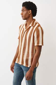 STRIPED CROCHET CAMP COLLAR SHIRT, image 3