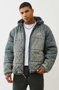 WASHED DENIM HOODED PUFFER JACKET, image 1