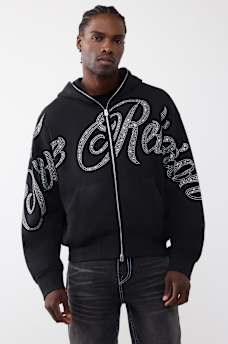 SUDADERA CON CAPUCHA Y CIERRE RELAJADA CON TEXTO Y DIAMANTES DE IMITACI&Oacute;N, image 1