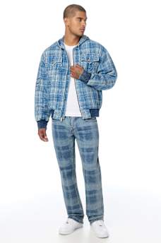 HOODED INDIGO PLAID JACKET