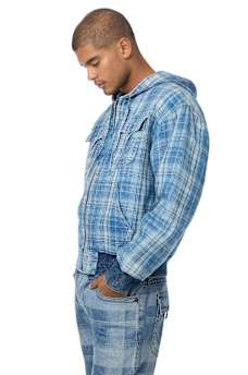 HOODED INDIGO PLAID JACKET