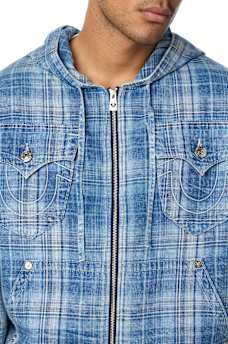 HOODED INDIGO PLAID JACKET