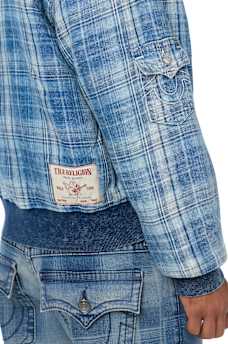 HOODED INDIGO PLAID JACKET