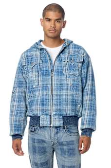 HOODED INDIGO PLAID JACKET