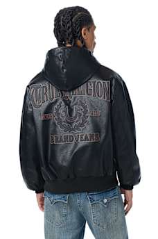FAUX LEATHER HOODED BOMBER JACKET