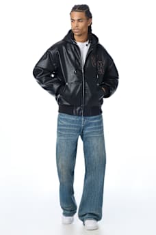 FAUX LEATHER HOODED BOMBER JACKET
