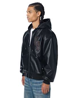 FAUX LEATHER HOODED BOMBER JACKET