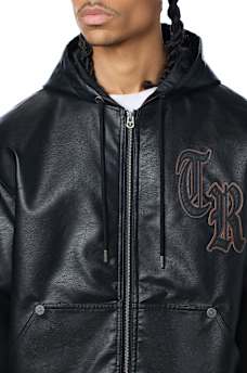 FAUX LEATHER HOODED BOMBER JACKET