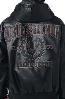 FAUX LEATHER HOODED BOMBER JACKET
