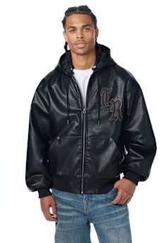 FAUX LEATHER HOODED BOMBER JACKET