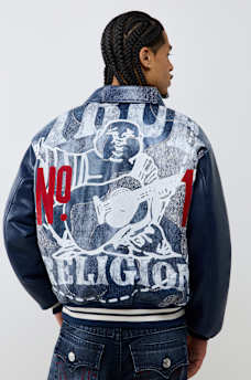 NO. 1 LOGO DENIM PRINT BOMBER JACKET