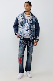 NO. 1 LOGO DENIM PRINT BOMBER JACKET