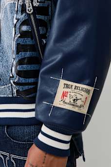 NO. 1 LOGO DENIM PRINT BOMBER JACKET