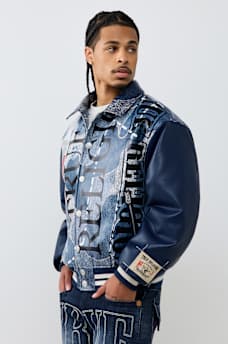 NO. 1 LOGO DENIM PRINT BOMBER JACKET