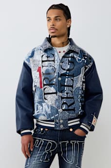 NO. 1 LOGO DENIM PRINT BOMBER JACKET