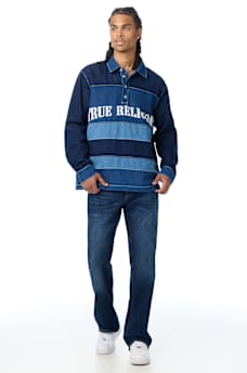 LONG SLEEVE DENIM STRIPED RUGBY POLO SHIRT