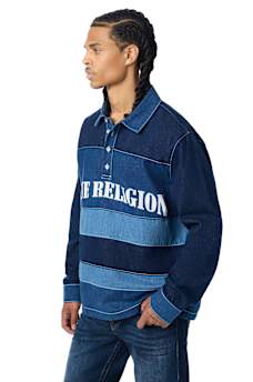LONG SLEEVE DENIM STRIPED RUGBY POLO SHIRT