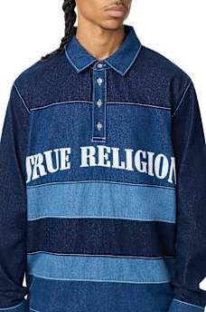 LONG SLEEVE DENIM STRIPED RUGBY POLO SHIRT