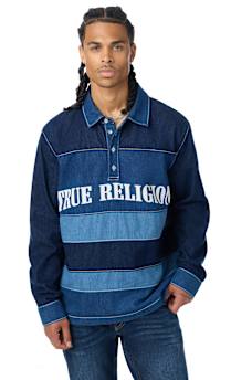 LONG SLEEVE DENIM STRIPED RUGBY POLO SHIRT