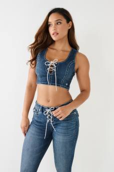 CRYSTAL LACE UP DENIM BRA TOP , image 2