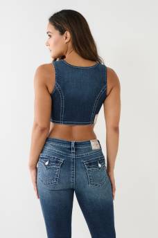CRYSTAL LACE UP DENIM BRA TOP , image 7