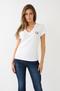 CRYSTAL HORSESHOE LOGO V NECK TEE