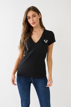 T-SHIRT &Agrave; ENCOLURE EN V AVEC LOGO TRUE RELIGION EN CRISTAUX