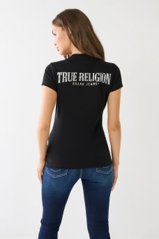 T-SHIRT &Agrave; ENCOLURE EN V AVEC LOGO TRUE RELIGION EN CRISTAUX
