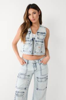 CROP DENIM UTILITY VEST