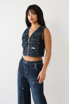 CROP DENIM UTILITY VEST