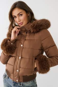 FAUX FUR TRIM PUFFER JACKET