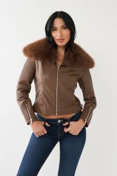 FUR TRIM FAUX LEATHER MOTO JACKET