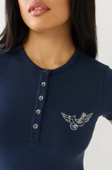  CRYSTAL HORSESHOE WING RIB HENLEY TOP
