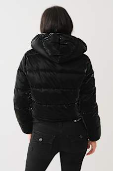 FAUX PATENT LEATHER HOODED PUFFER JACKET , image 3