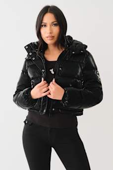 FAUX PATENT LEATHER HOODED PUFFER JACKET , image 1