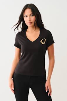 CRYSTAL OMBRE HORSESHOE V NECK TEE, image 2